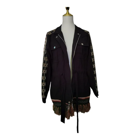 Drôle de Copine Paris Black Belted Military Jacket Coat L Embroidered Trim Fring - Picture 7 of 9